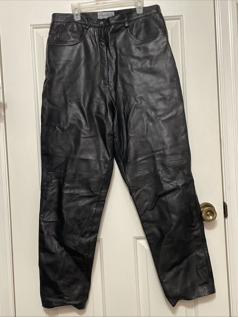 Vtg Margaret Godfrey Black Leather Pants Womens 14 Black High Rise Barrel Leg